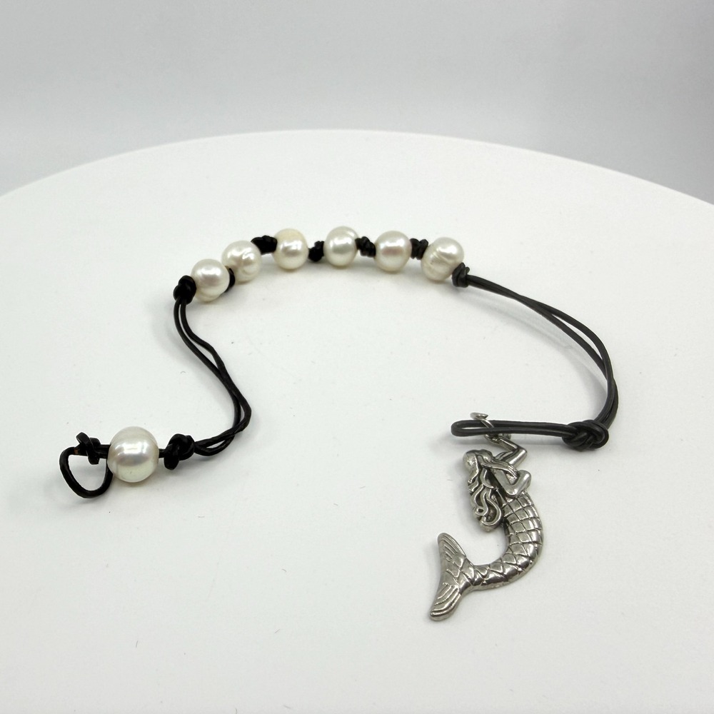 Y2K Mermaid Pearl Bracelet Black Cord Nautical Coastal Boho Beach Jewelry Gift